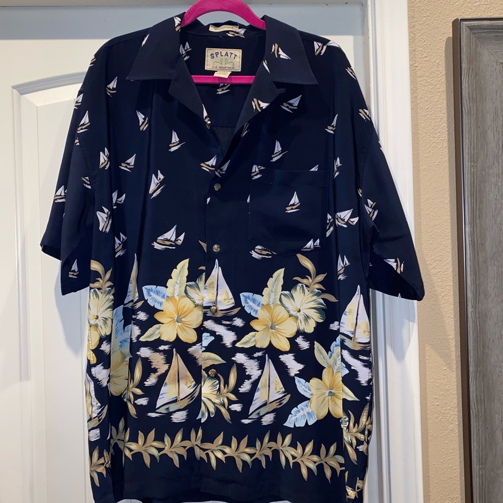Mens Splatt Fine Resortwear Black Hawaiian Camp Shirt Sailboats Size XL EUC